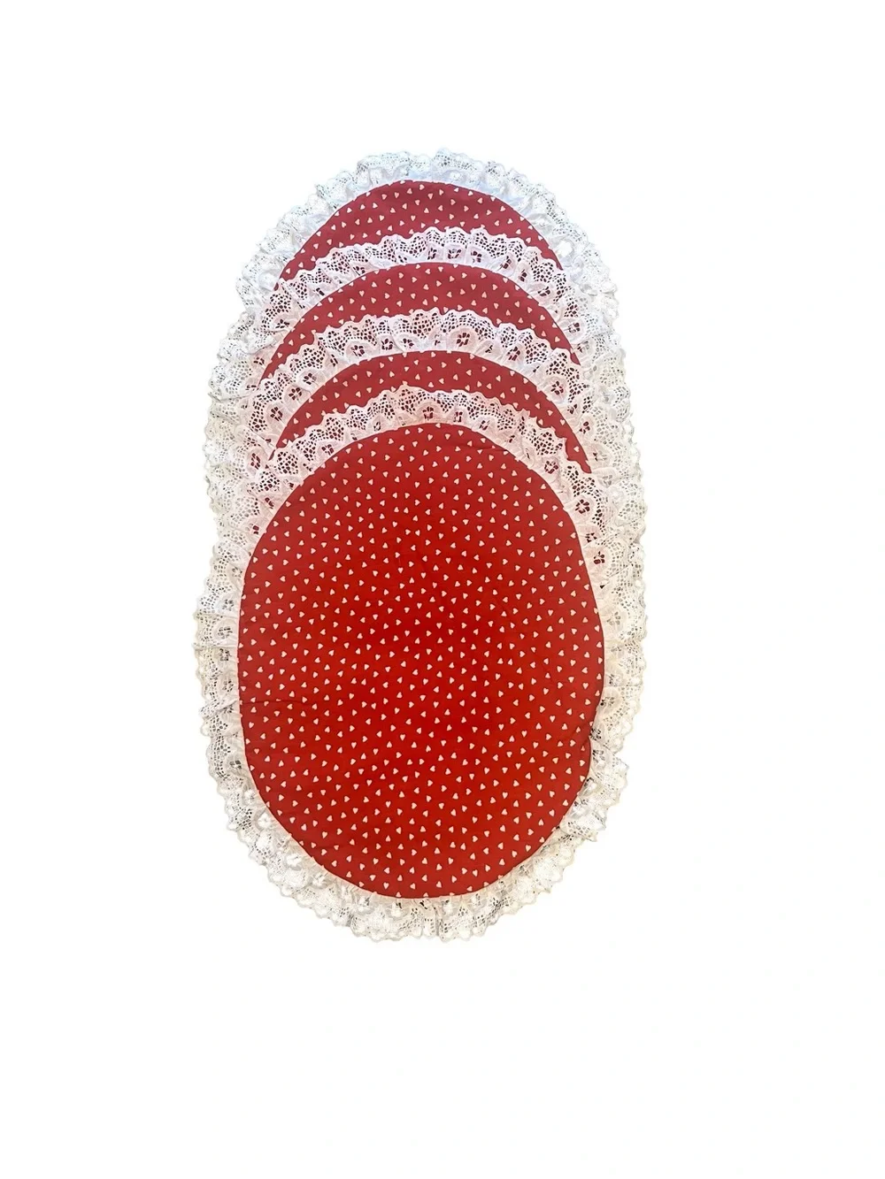 Red White Hearts Fabric Oval Placemats Lace Trim - Set of 4